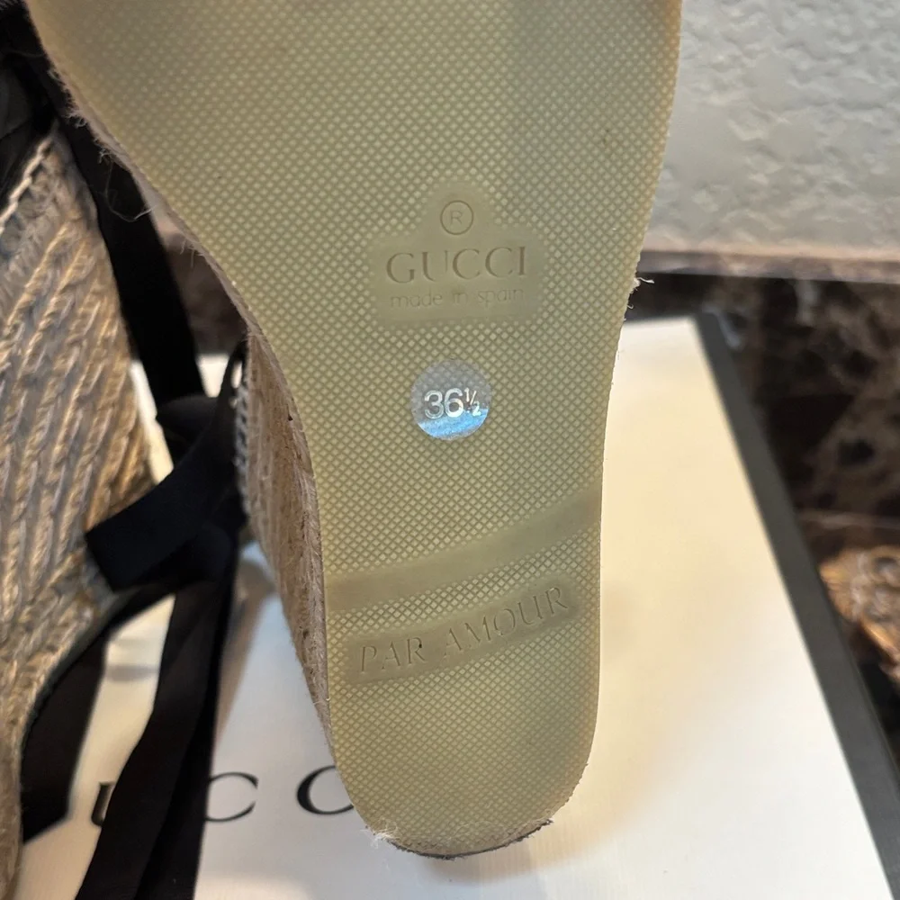 Gucci D’Orsay Black Leather Espadrille Wedge Sandals with Gold GG